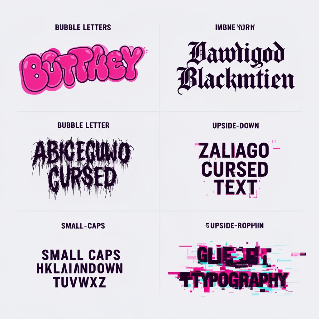 Examples of freaky font styles including bubble, gothic, zalgo cursed and glitch text